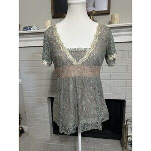 Vintage Y2k Sz Medium Womens Sheer Asymmetric Fairy Top Blue Net Lace Princess